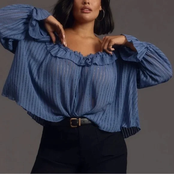 Anthropologie Long-Sleeve Sheer Striped Crop Blouse In Wedgwood Womens XL - Picture 2 of 7